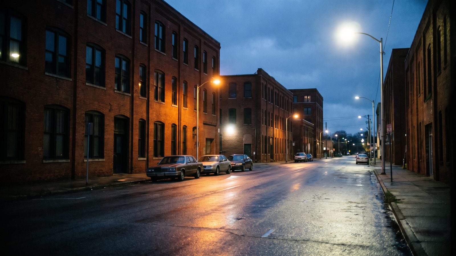 Old brick warehouse buildings along a wet downtown street at dusk, streetlights just on (illustrative photo, not a specific Durham location)